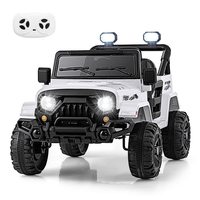 OLAKIDS Ride on Truck, 12V battery-powered electric vehicle for kids, shown in a white Jeep-style design with bright LED headlights, rugged black tires, and a detailed front grille. Includes a remote control for parental operation. Features Bluetooth, music player, and power display for added fun. Suitable for children aged 3 to 8 years, with a weight capacity of 66 lbs. Designed for safe play with a seatbelt, lockable doors, and a smooth start function.