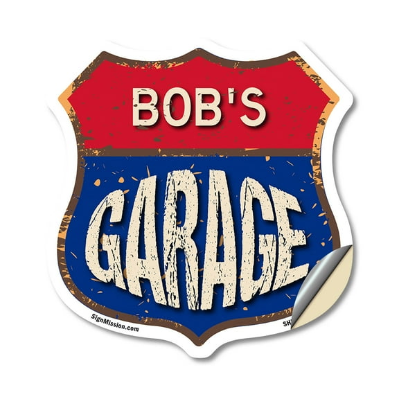 Bob's Garage 12 inch X 12 inch Shield Shaped Heavy Duty 3.2 mil Vinyl Decal Weather Resistant, UV Protected To last, Gift for Dads and Uncles Classic Americana Crafted in the USA