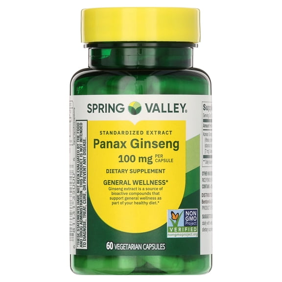 Spring Valley Standardized Extract Korean Panax Ginseng Dietary Supplement Vegetarian Capsules for General Wellness, 100 mg, 60 Count