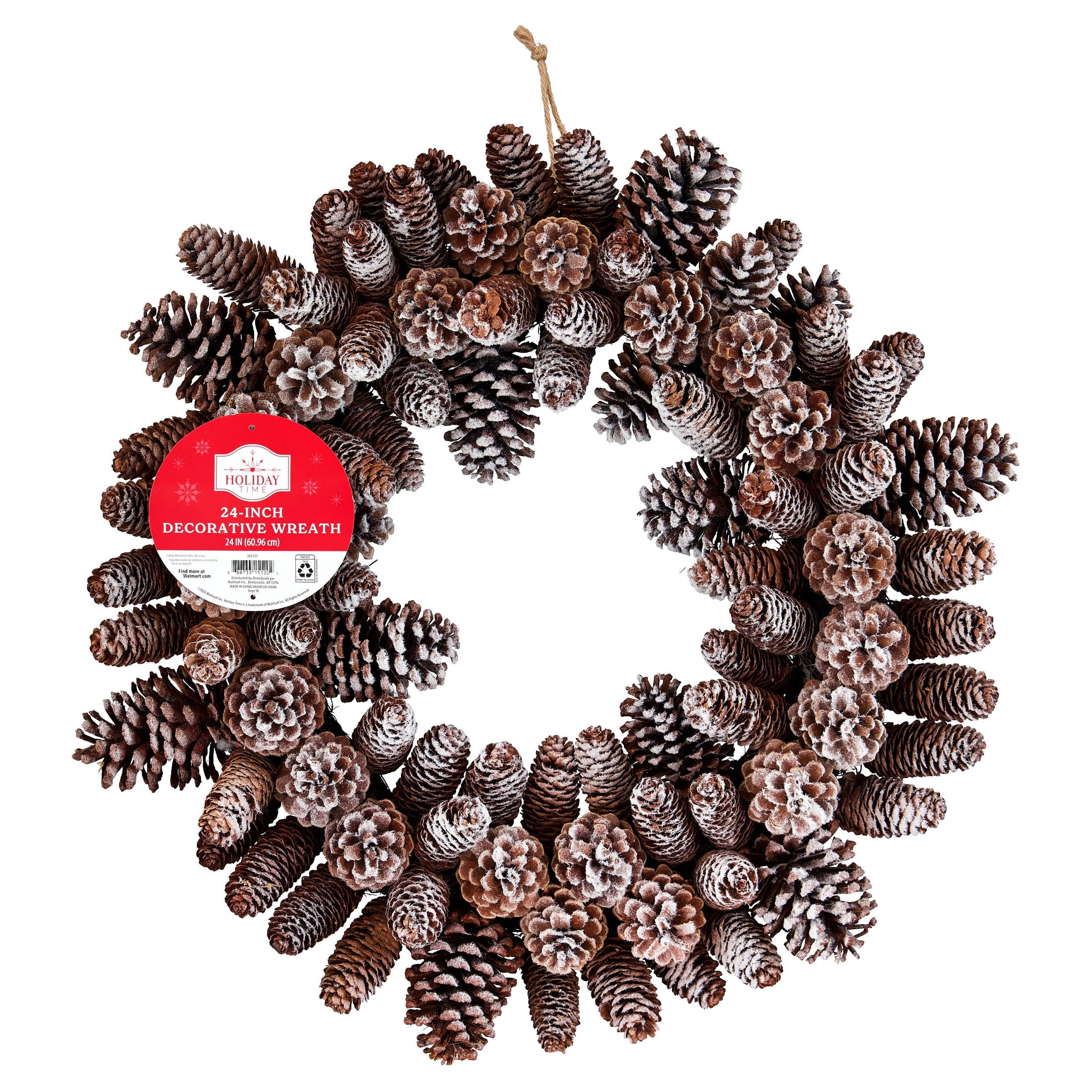 Snow-Flocked Pinecone Christmas Wreath, Brown and White, 24", by Holiday Time