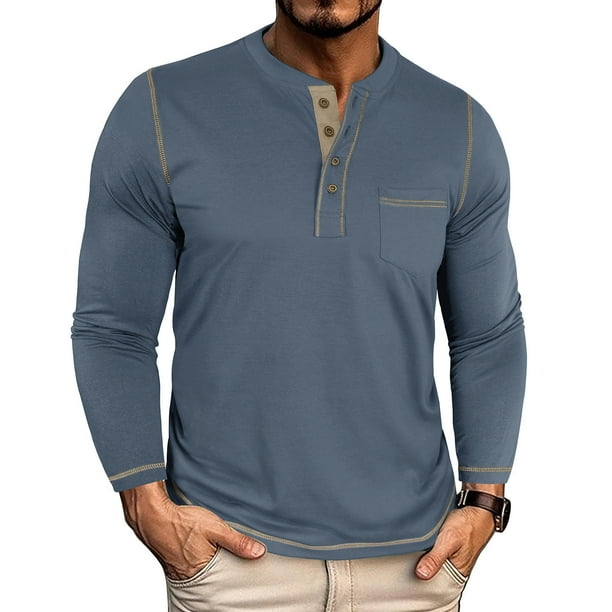 pstuiky camisetas de manga larga para hombre, Camiseta informal de manga larga con cuello redondo y bolsillos abotonados para hombre, color liso, transpirable camisetas de hombre m