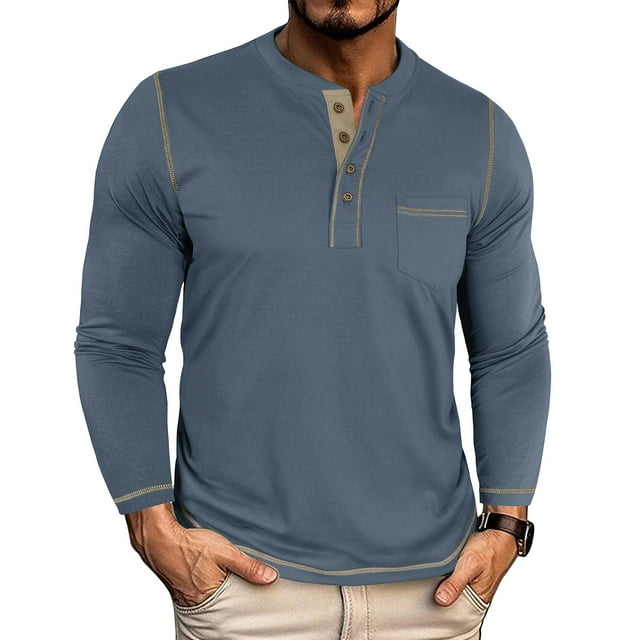 pstuiky camisetas de manga larga para hombre, Camiseta informal de manga larga con cuello redondo y bolsillos abotonados para hombre, color liso, transpirable top de hombre xxl