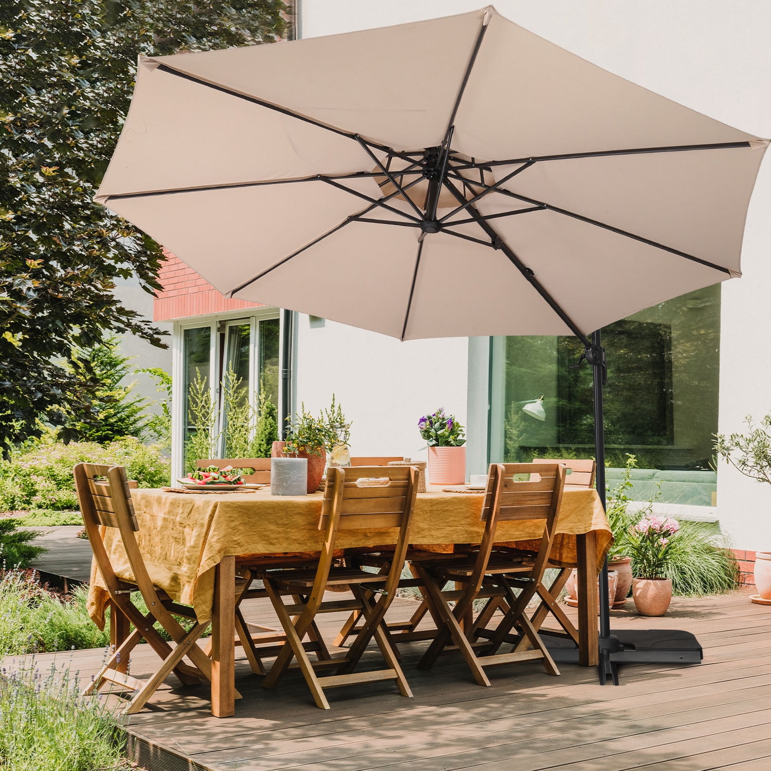 Ainfox 10ft Heavy-Duty Patio Cantilever Umbrella with Cross Base, Beige - 360° Rotation, UV-Resistant Offset Sun Shade