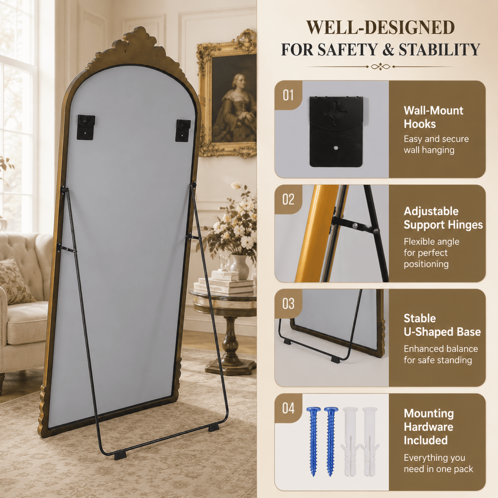 EVARNIO 69"x28" Vintage Full Length Mirror Arched Floor Mirror Baroque Style Wall Mounted Mirror Ornate Decor Mirror with Stand, Gold
