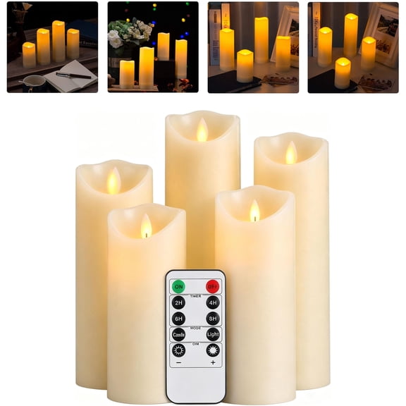 5 Pack Ivory Paraffin Wax Flameless Candles, Realistic Moving Wick Flickering LED Pillar Candles with Remote Control, Battery Powered Soft Warm Lights for Home Wedding Indoor Outdoor Decor