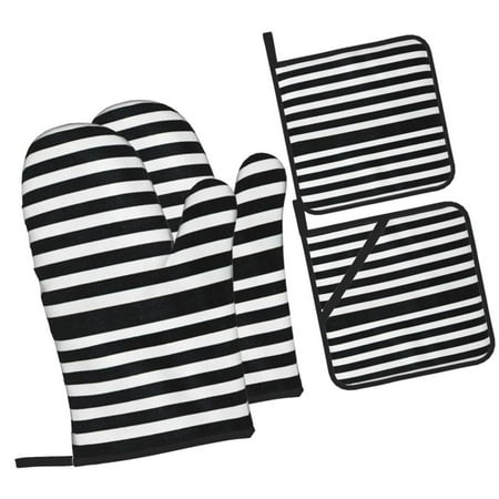 

Pofeuu Black And White Stripes Print Oven Mitts and Pot Holders 4 pcs Set High Heat Resistant 500 Degree Extra Thicken Long Kitchen Cotton Oven Glove for Cooking