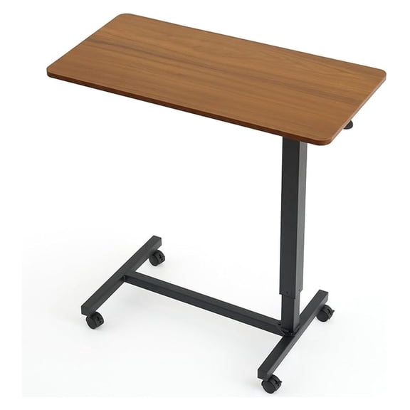 Overbed Table Pneumatic Adjustable Height with Wheels - Rolling Bed Side Table for Home Office & Hospital - Brown