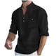 thumbnail image 2 of Blusa y camisa de manga larga con cuello alto para hombre, informal, de color liso, con botones, de media manga, con cuello alto y bolsillo, de poliéster., 2 of 9