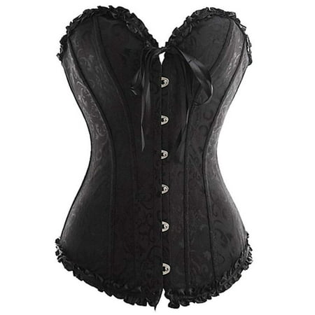 Black Lace Up Corset - Camellias Women 's Lace Up Boned Sexy Plus Size Overbust Corset Bustier Bodyshaper Top with G-String Black, SZ1070-S
