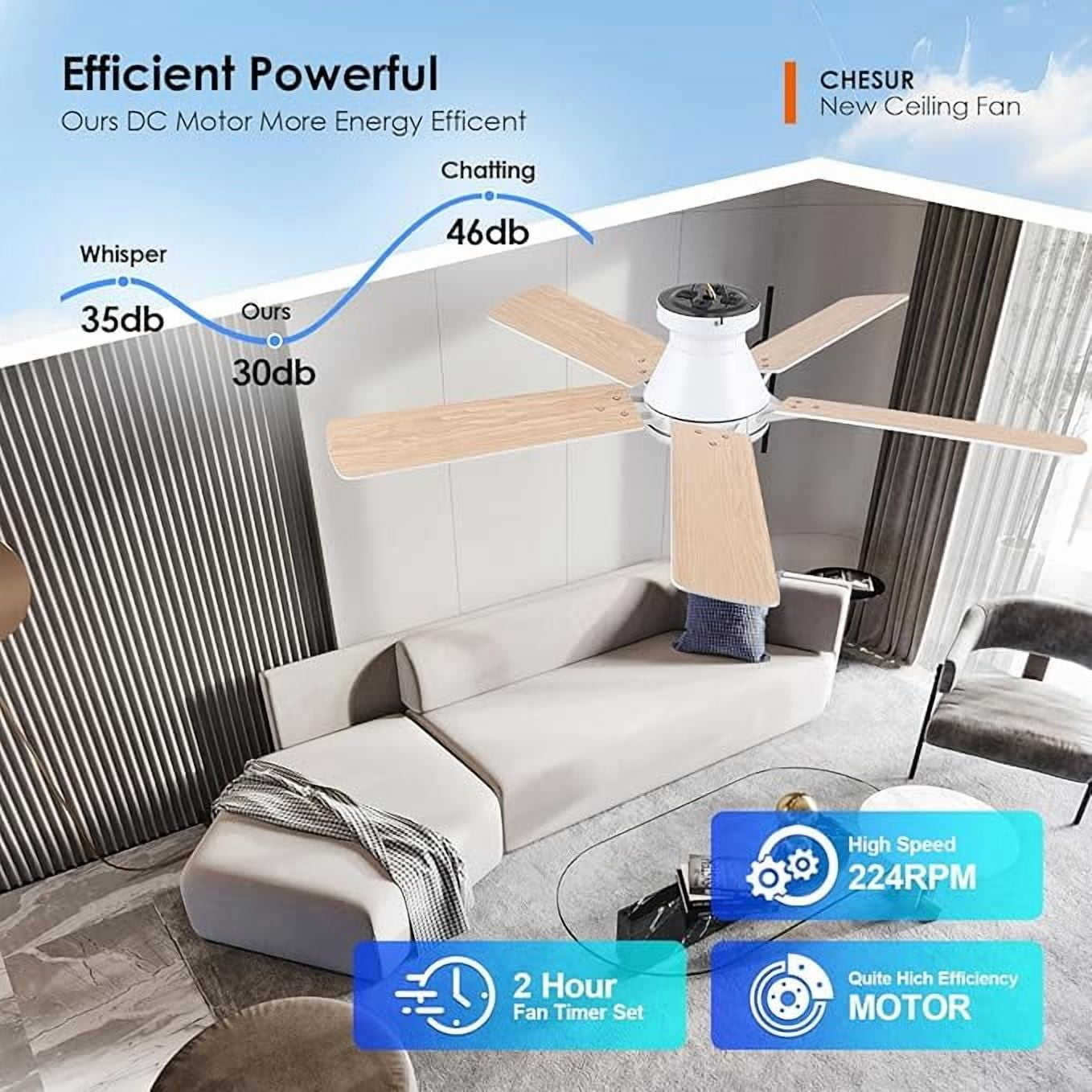 Kviflon 52-Inch Flush Mount Ceiling Fan with Dimmable LED Light, Remote/App Control, 6 Speeds, Low Profile, Energy Efficient