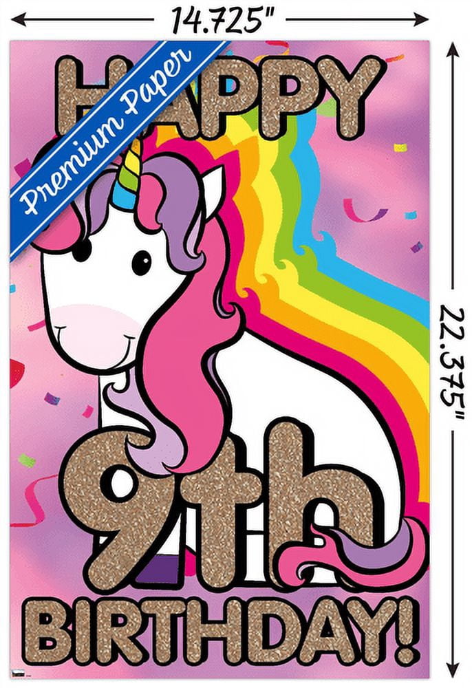 Ellie Ripberger Unicorn - Happy 9th Birthday Wall Poster, 14.725" x 22.375"