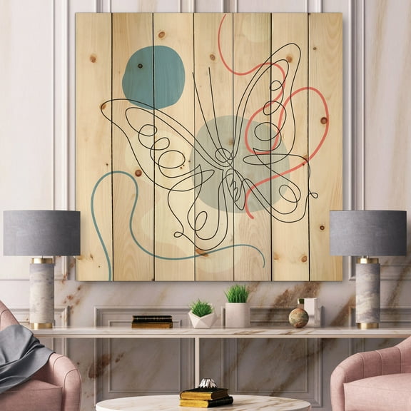 Designart 'One Line Butterfly Drawing On Cubism Shapes III' Modern Print on Natural Pine Wood