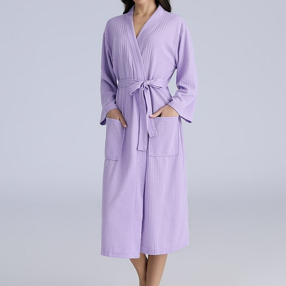 Elvqul Womens Robes Plus Size Women's Robe Pockets Purple Long Warm Couple Winter Bathrobe Robe