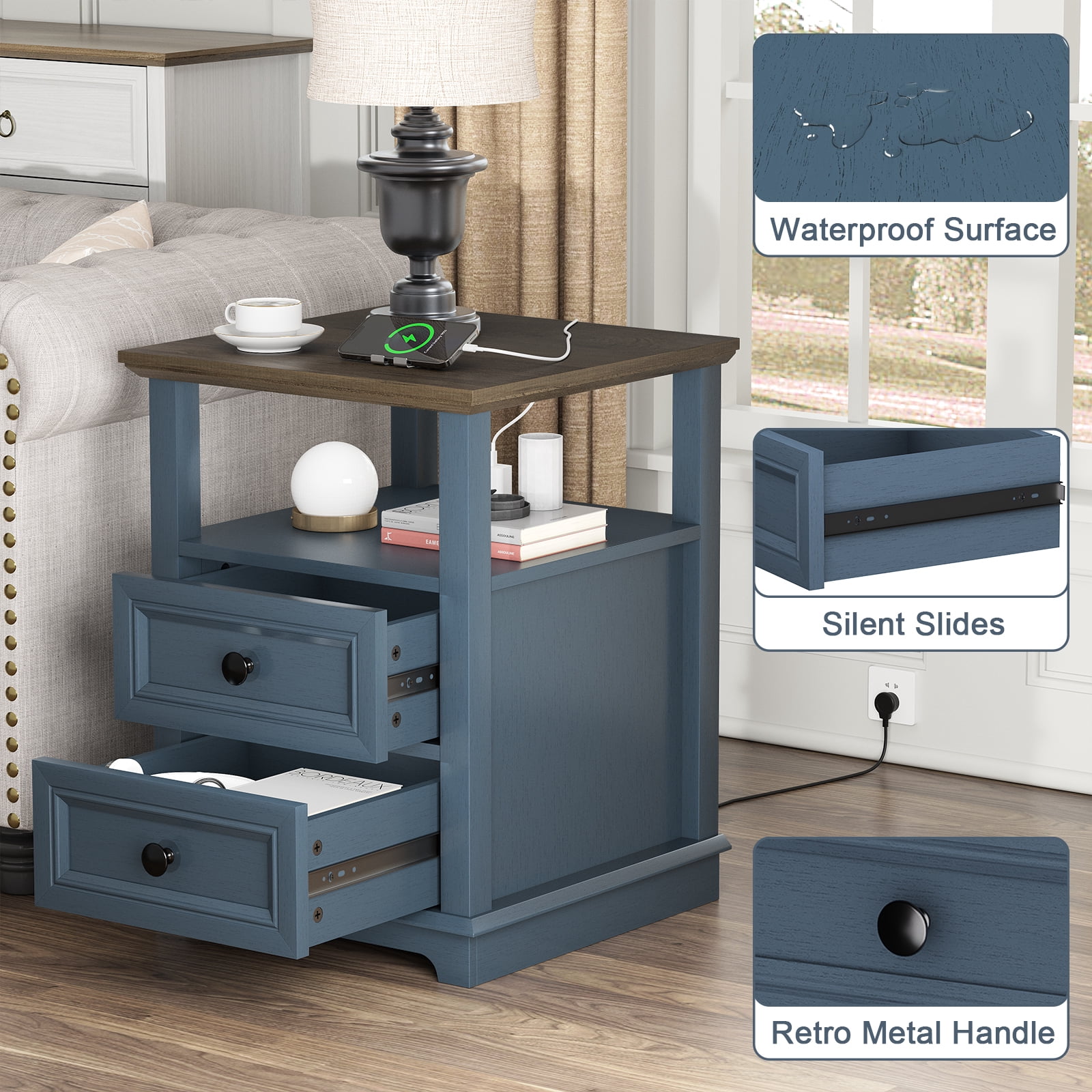 FAGAGA End Table with 2 Drawers for Living Room,Nightstand with Charging Station for Bedroom,Blue