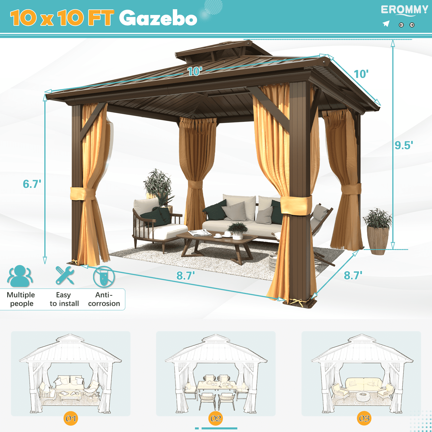 EROMMY 10' x 10' Hardtop Gazebo, Galvanized Steel Double Roof Gazebo with Aluminum Frame, Permanent Outdoor Metal Pavilion with Curtain and Netting for Patio, Lawn and Garden