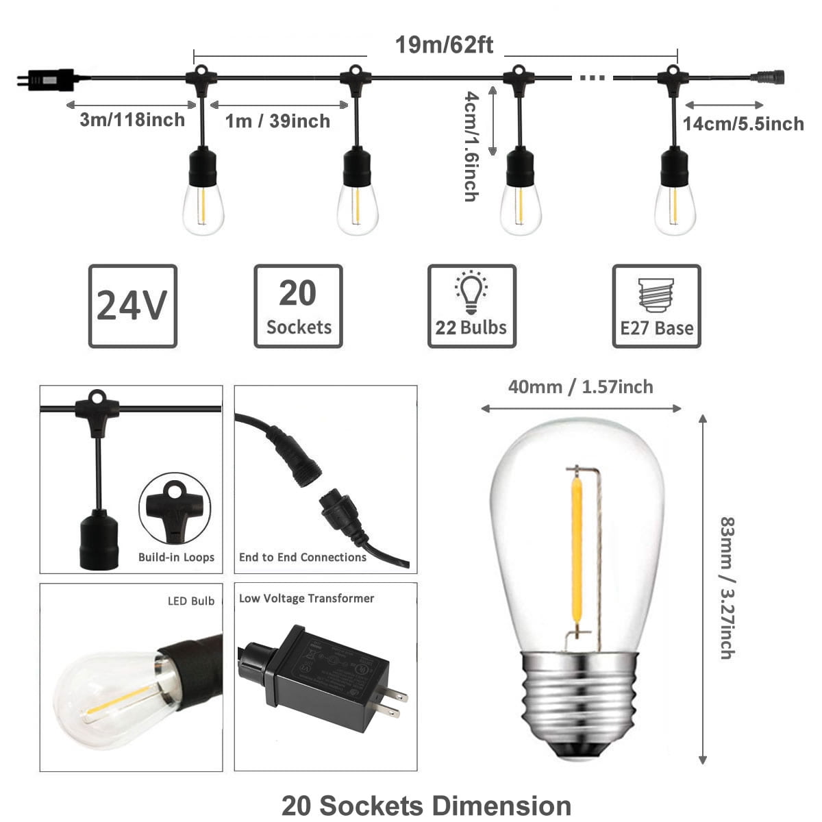62ft Warm White Waterproof LED Outdoor String Lights for Backyard Garden Patio Gazebo