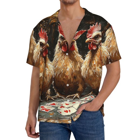 Mens Hawaiian Shirt Short Sleeve Casual Summer Beach Tops , Chicken Playing Poker Funny Vintage