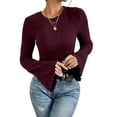 thumbnail image 2 of Lenpel Women's T-Shirts Bell Long Sleeve Crew Neck Ruffle Trim Slim Ribbed Knit Tops Brushed Fleece Tee Blouses(Wine,X-Large), 2 of 7