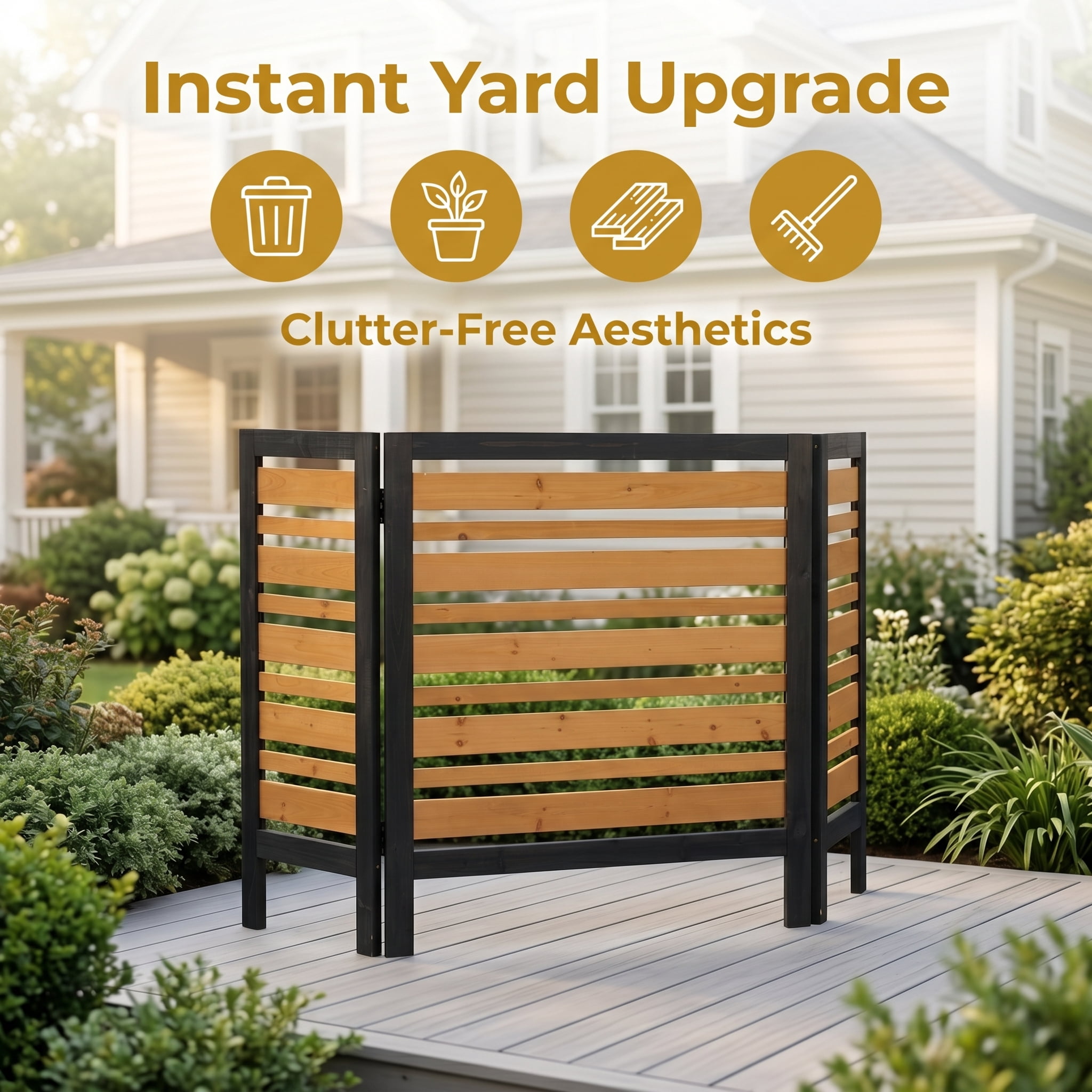 Outdoor Wood Privacy Fence 3-Panel 38W x 42H, Solid Wood Air Conditioner Screen with Slat Spacing for AC Unit Trash Can Pool Pump Enclosure, Black and Gold