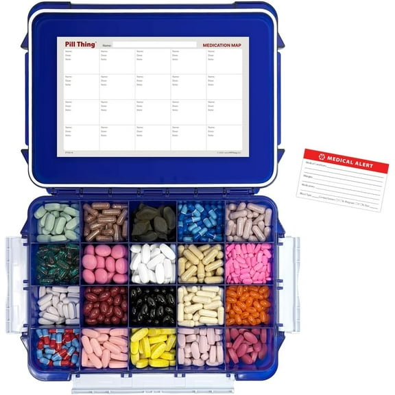 Pill Thing UV Protected Large Cobalt Blue Waterproof Pill Case with Airtight Seal and Silicone Gasket, 20 Compartments