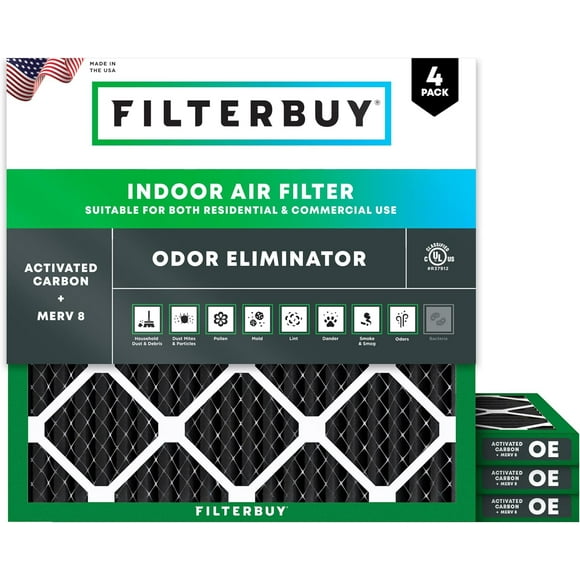 Filterbuy 16x16x1 MERV 8 (MPR 600) Odor Eliminator, Pleated HVAC AC Furnace Air Filters (4-Pack)