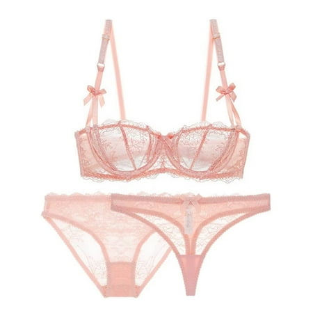 

Varsbaby Lingerie Set for Women Sexy Lace Bra and Panty Thongs Sets Unlined Demi-Cup Underwire Bra and See Though Panties