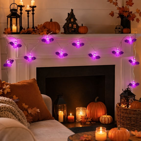 10 Pack, Halloween String Lights 59 Inch Purple Bat Decorations Battery Operated Halloween Lights for Indoor Outdoor Party Porch Yard Window Decor, 1 Piece