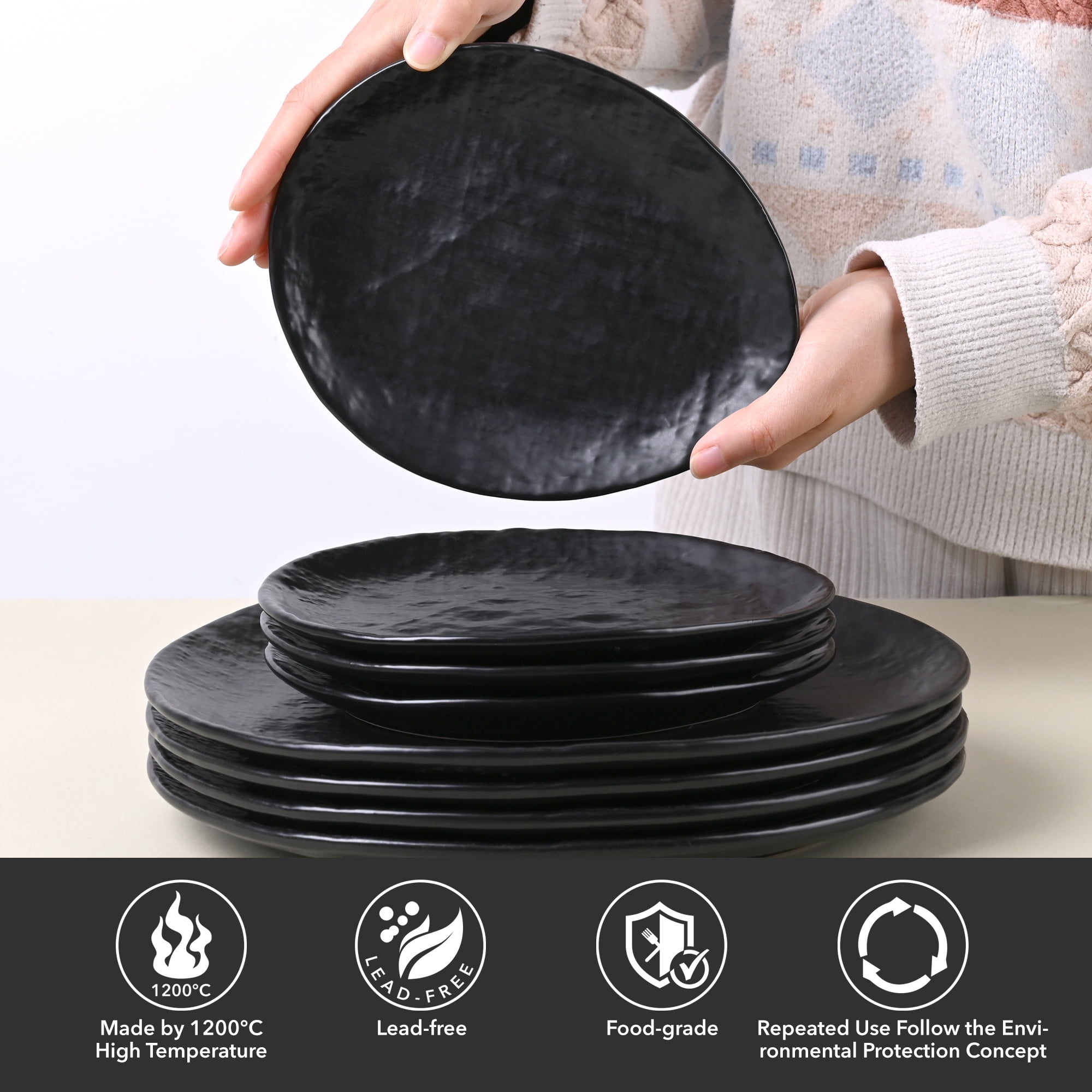 Linen Artisan Dinner Plate Set, 4 Pieces Dinnerware Dishes Set, Porcelain Salad Plates, Irregular 11 Inches Ceramic Plates Suitable for Steak, Pasta, Pizza, Home, Party, Black, Small