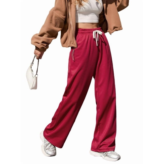 Women'S Wide Leg Pants Elastic Waisted Casual Sweatpants Adjustable Drawstring Trousers with Pockets Wine Red XXL