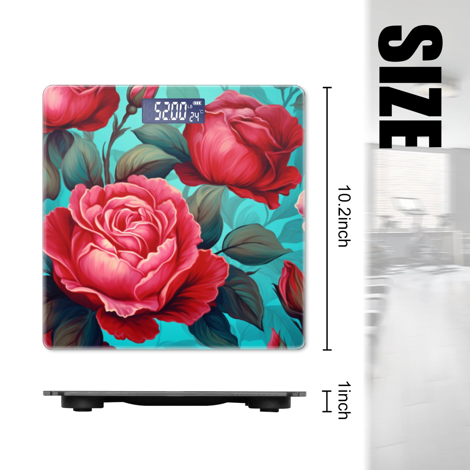 High Precision Body Weight Scale Smart Bathroom Scales with Large LCD Display(400lbs),Decorative for Bedroom-Pink And Red Roses On Turquoise Background