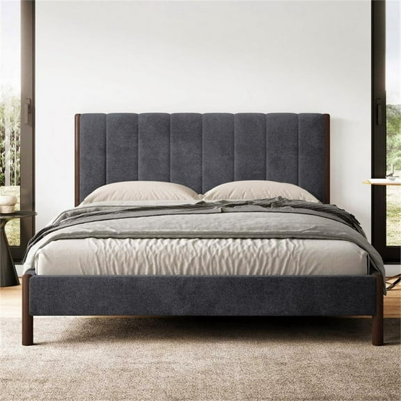 Pemberly Row Upholstered Platform Queen Bed in Dark Gray Fabric