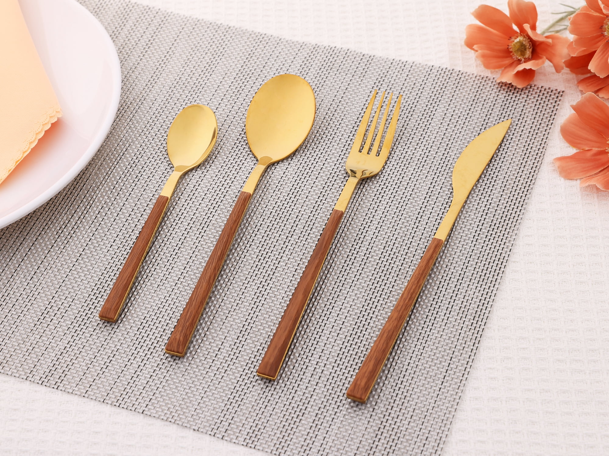 Unique Bargains Silverware Set Durable Stainless Steel Flatware Gold 16 Pcs