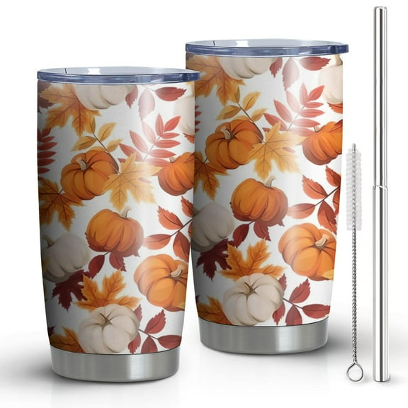 20oz Tumblers Fall Pumpkins Leaves Pattern Stainless Steel Vacuum Insulated Double Wall Travel Tumbler Cups Mug with Lid and Straw,Cleaning Brush for Cold & Hot Drinks