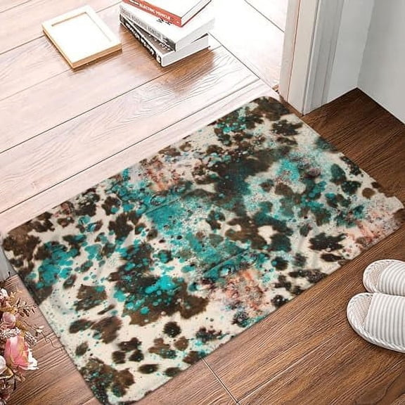 Rustic Western Country Cowhide Cowboy Turquoise Funny Welcome Doormat Entrance Way Area Rugs Outdoor Non-Slip Porch Mat Indoor Floor Mats for Kitchen,Bathroom,Home Decor, 30*18 Inch