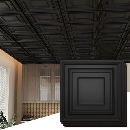 LooYee 24 Pcs 2ft x 2ft Drop Ceiling Tiles, 24"x 24" PVC Glue Up Ceiling Panel Black, Cover 96 Sq. ft