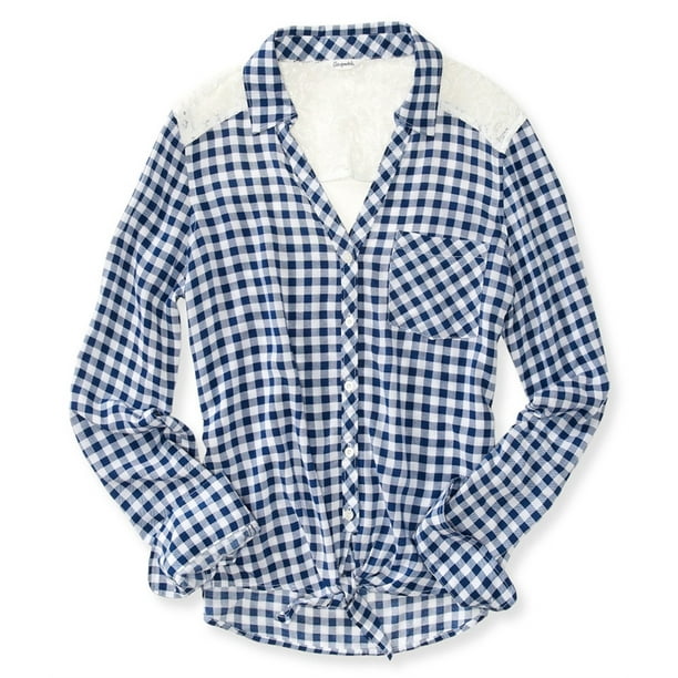 Aeropostale - Camisa con botones de ganchillo a cuadros para mujer, azul, grande Aeropostale Camisa con botones
