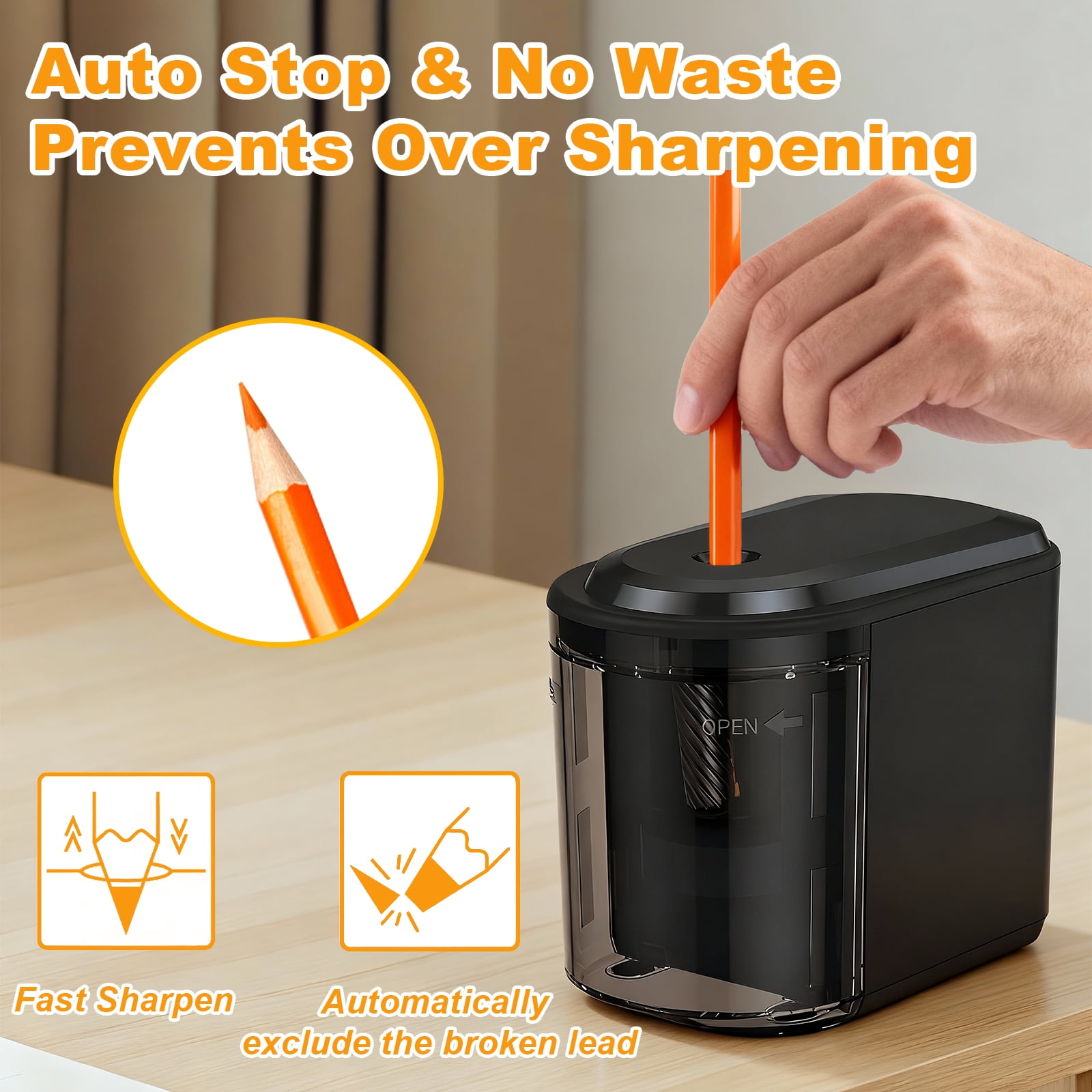 JILhome Heavy-Duty Electric Pencil Sharpener, Helical Blade Pencil Sharpener, Auto Stop Pencil Sharpener for No.2/Colored Pencils(6-8mm), Plug In Pencil Sharpener for Home, Office, Teacher, Black