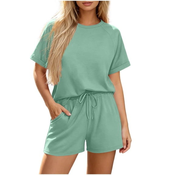 Gytharion 2 Piece Women's Summer Casual Outfits Soild Color Breathable Sets Round Neck Short Sleeve Tees with Drawstring Shorts