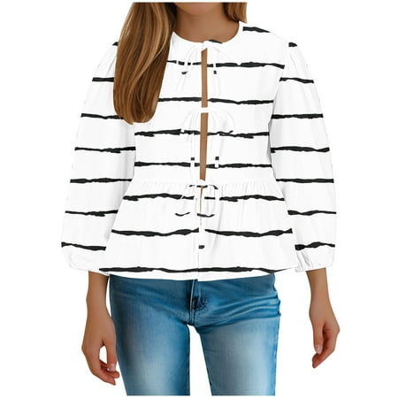 ameIAEA Women s Fall Tops Puff Long Sleeve Casual Babydoll Blouses Lace-Up Cute Shirt 2024