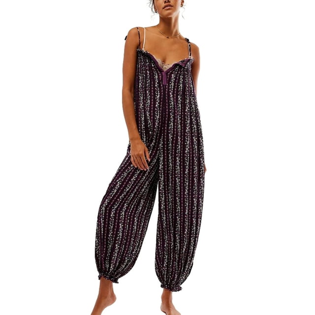Wangscanis Combinaisons Camisole d'Été pour Femmes Rétro à Imprimé Floral à Nouer à Bretelles Spaghetti Sans Manches Longues Combinaisons Mode Amples