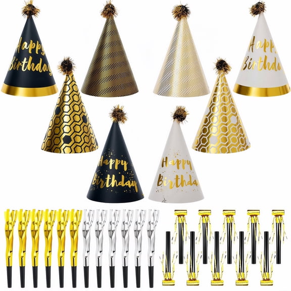 30 Pcs Gold Birthday Party Hat Decoration Set, Includes 8 Birthday Paper Hats and 22 Noise Makers
