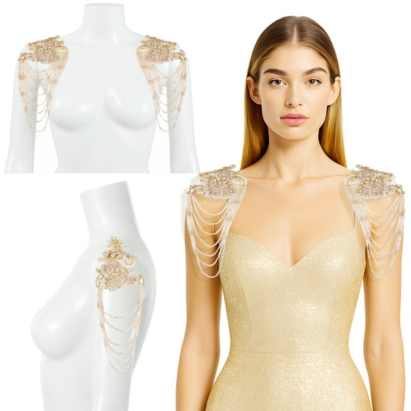 Beaded Rhinestones Applique Embellishments, Gold Glass Rhinestone Beaded Appliques, Elegant Sew-on Sequin Appliques, DIY Shoulder Patches for Dresses, Jackets, 7.7×4.5"