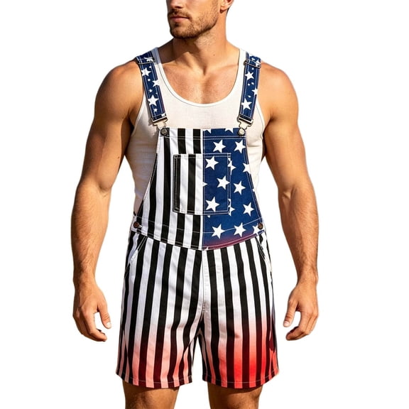MEZZALL Men Rompers Shorts Summer Outdoor Utility Jumpsuit With Casual Straps And Striped Stars Printed USA Independence Day Design For 4th of July Sleeveless Pockets Coveralls