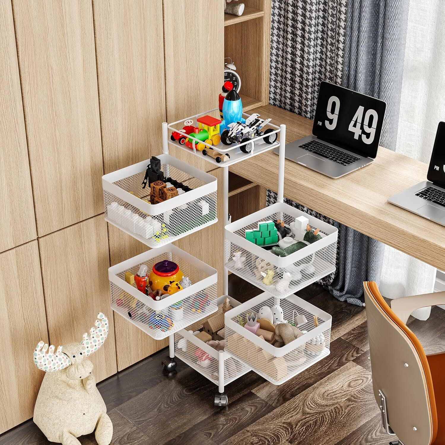 Howcool Square 5-Tier Rotating Kitchen Organizer, Heavy-Duty Metal Rolling Storage Cart with Wheels