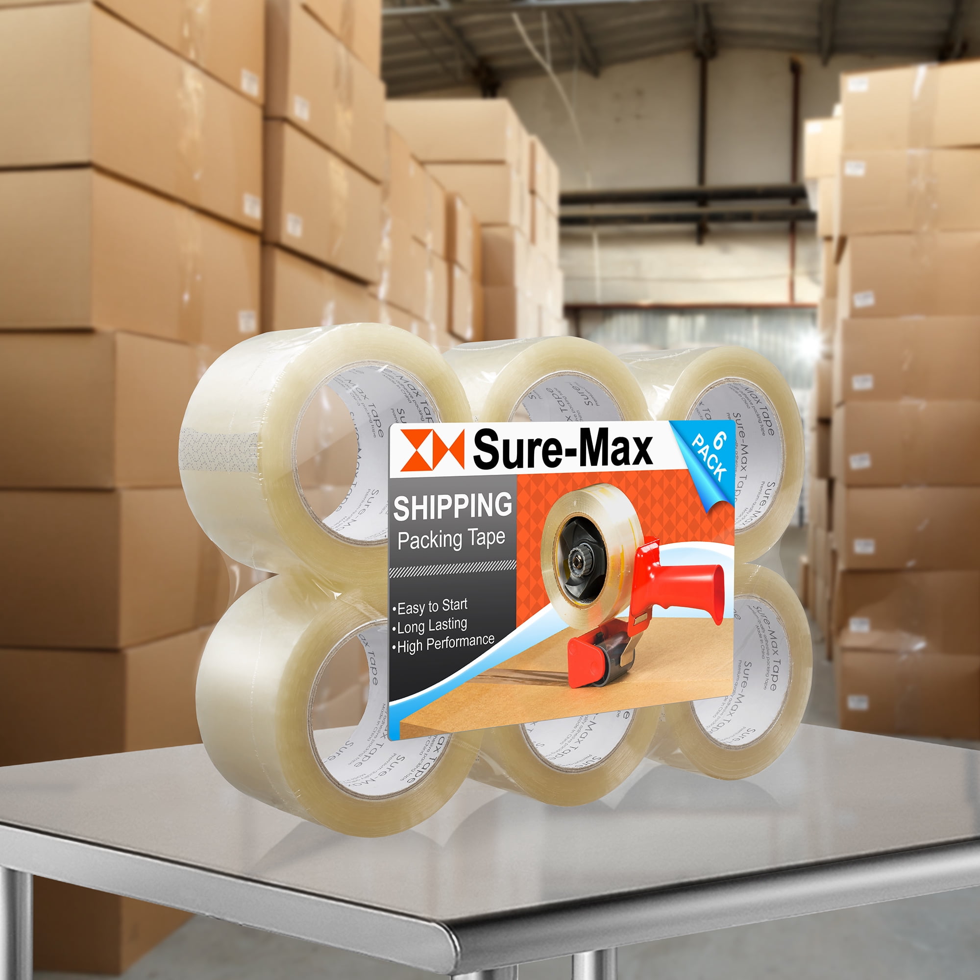 Sure-Max 6 Rolls Extra-Wide Shipping & Packing Tape (3" x 110 yard/330' each) - Moving & Adhesive Carton Sealing - 2.0mil Clear