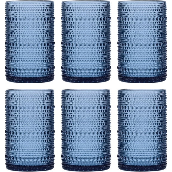 Vintage Hobnail Drinking Glasses Set of 6, 15oz Highball Glass Cups, Kitchen Drinkware Glassware,Embossed Water Tumbler,for Beer,Cocktail,Whiskey,Juice and Various Mixed Drinks(Blue)