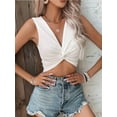 thumbnail image 4 of Women'S Twist Front V Neck Ribbed Knit Sleeveless Sexy- Tank Crop Top White L, 4 of 7