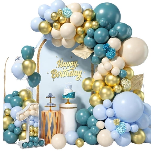 GoXteam 116pcs Dusty Baby Blue Balloon Arch Garland Kit with Slate Fog Baby Blue Sand White Metallic Gold Dusty Balloons for Men Boys Baby Shower Bridal Shower Birthday Party Decorations