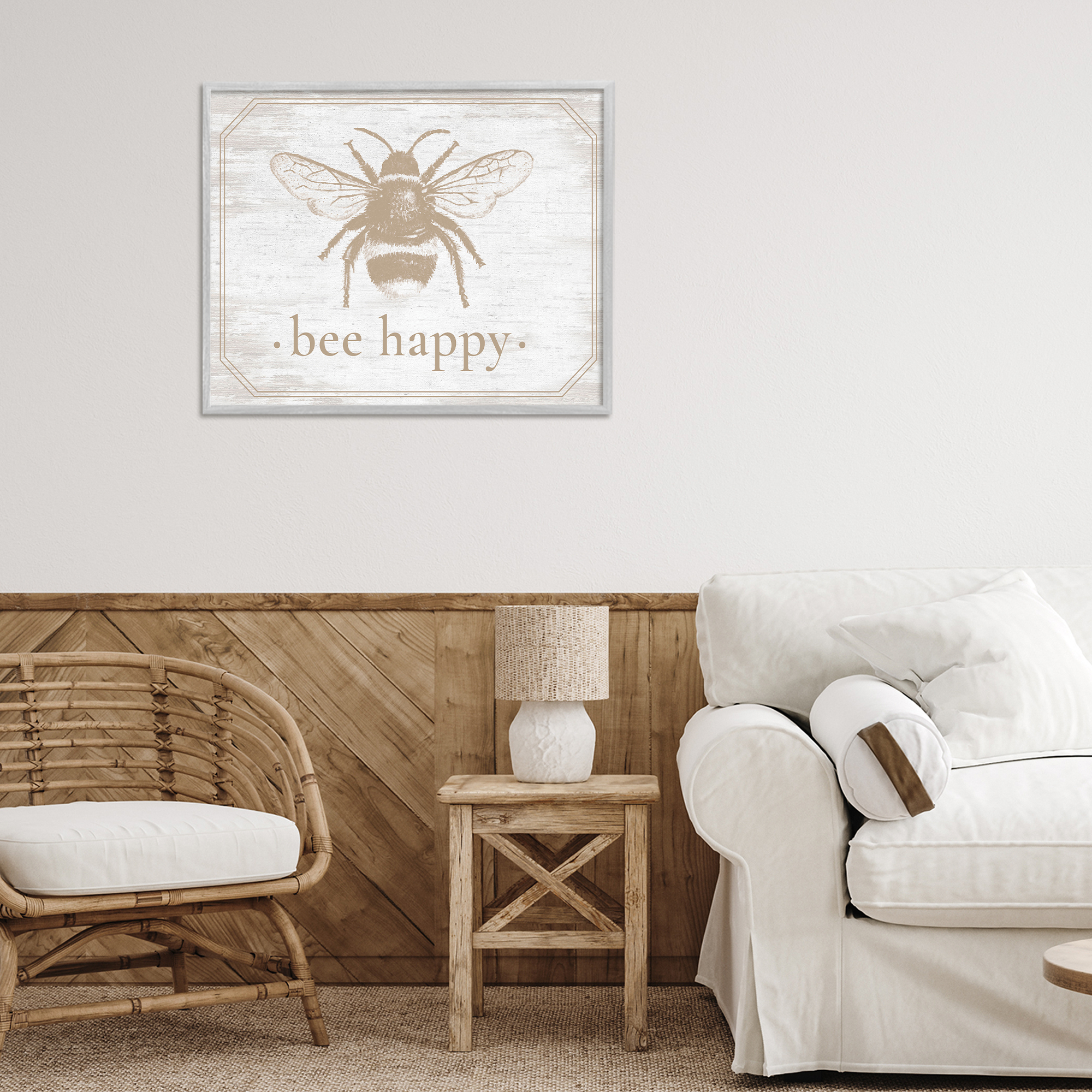Bee Happy with Rustic Border Gray Framed Giclee Art, design by Lettered and Lined