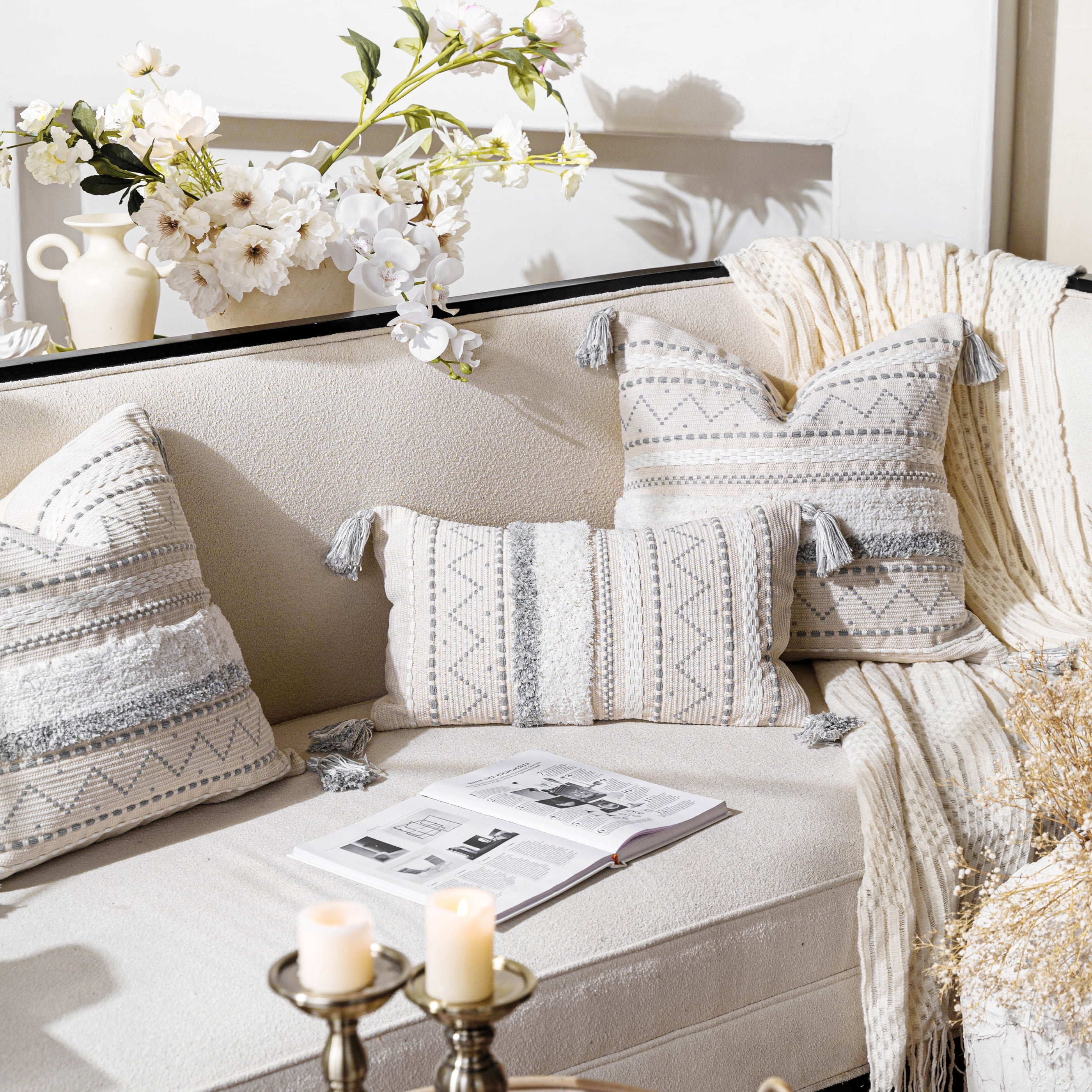 BlissBlush Gray Decorative Throw Pillow Cover 20x20 Combo Set of 2 Square Boho Neutral Grey Accent Pillowcase Tassels Farmhouse Cushion for Couch Sofa Bedroom Living Room Home Décor Cover ONLY